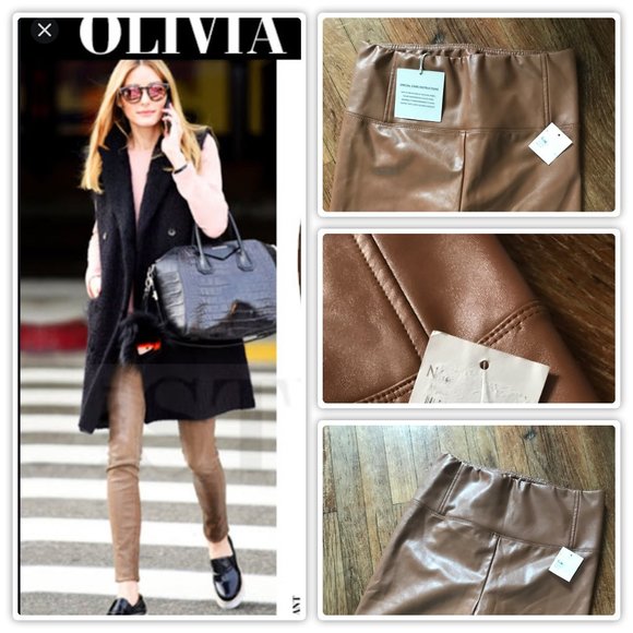 NWT Tibi Brown Faux Leather Leggings High Waist - Picture 1 of 16